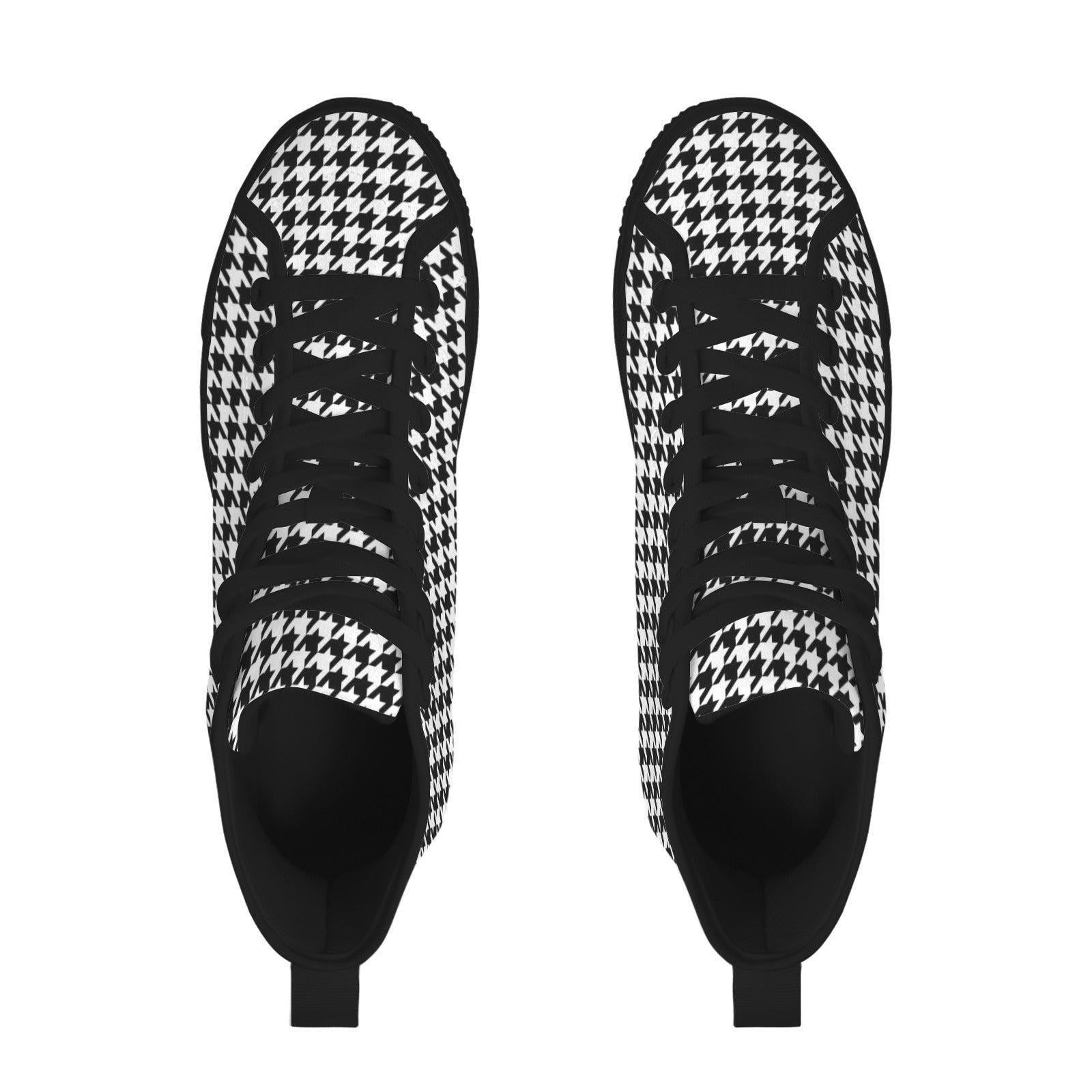 Houndstooth High Top Sneakers, Black White Retro Lace Up Shoes