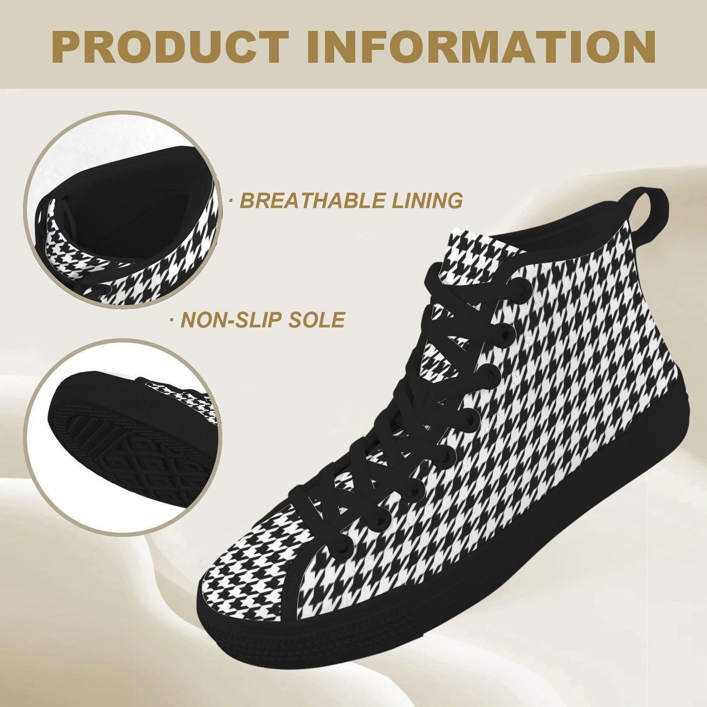 Houndstooth High Top Sneakers, Black White Retro Lace Up Shoes