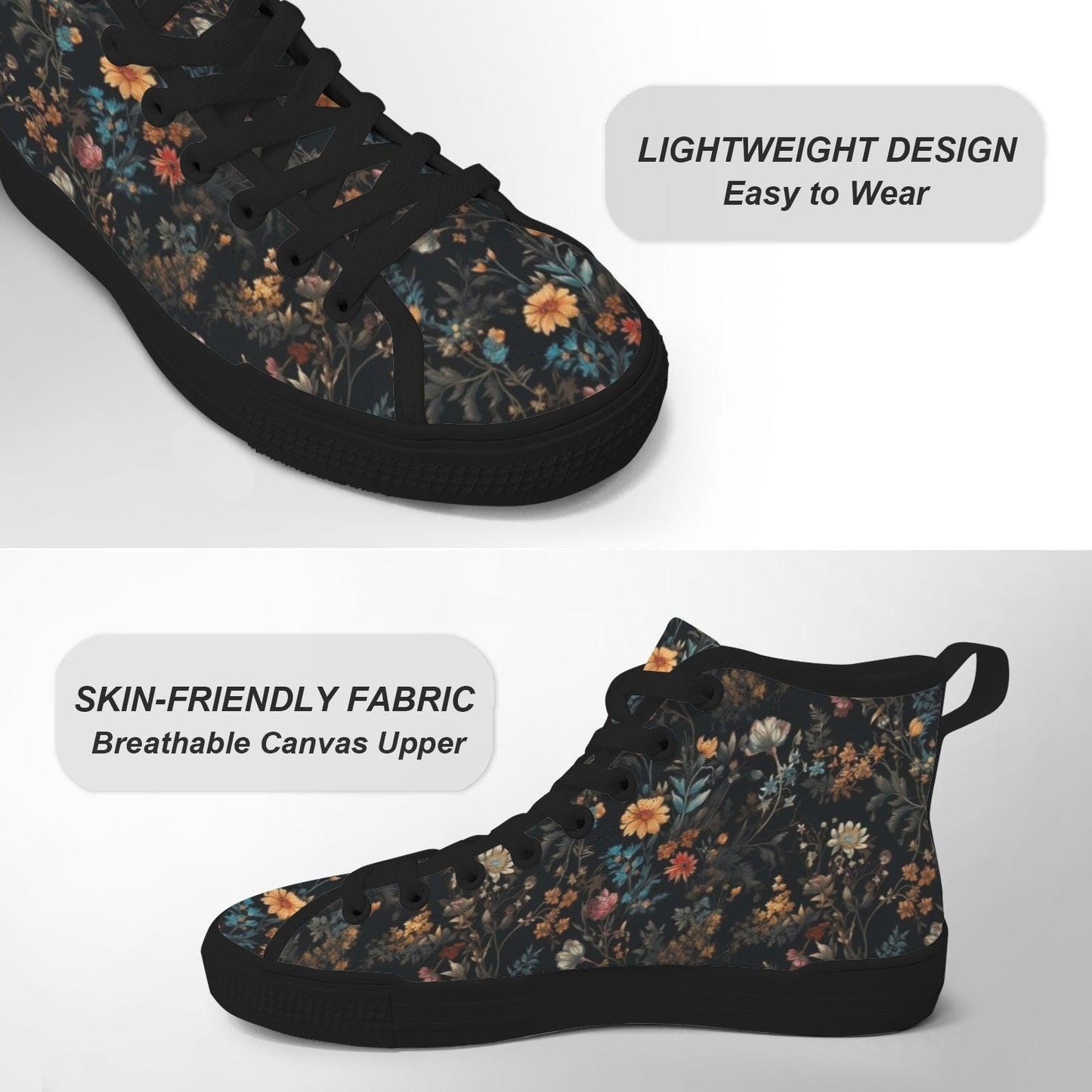 Black High Top Wildflower Sneakers, Meadow Floral Canvas Lace Up Shoes