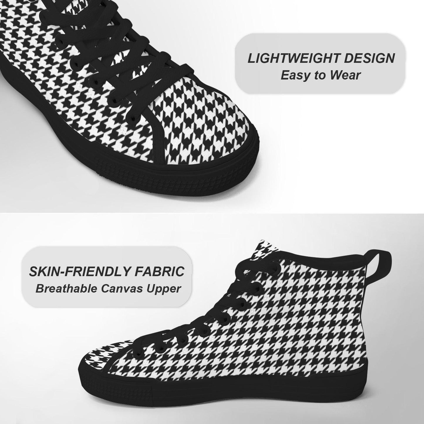 Houndstooth High Top Sneakers, Black White Retro Lace Up Shoes