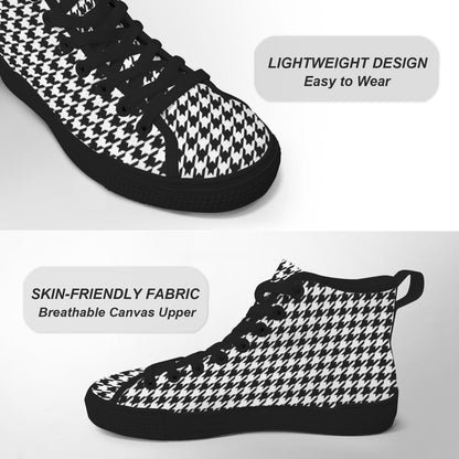 Houndstooth High Top Sneakers, Black White Retro Lace Up Shoes