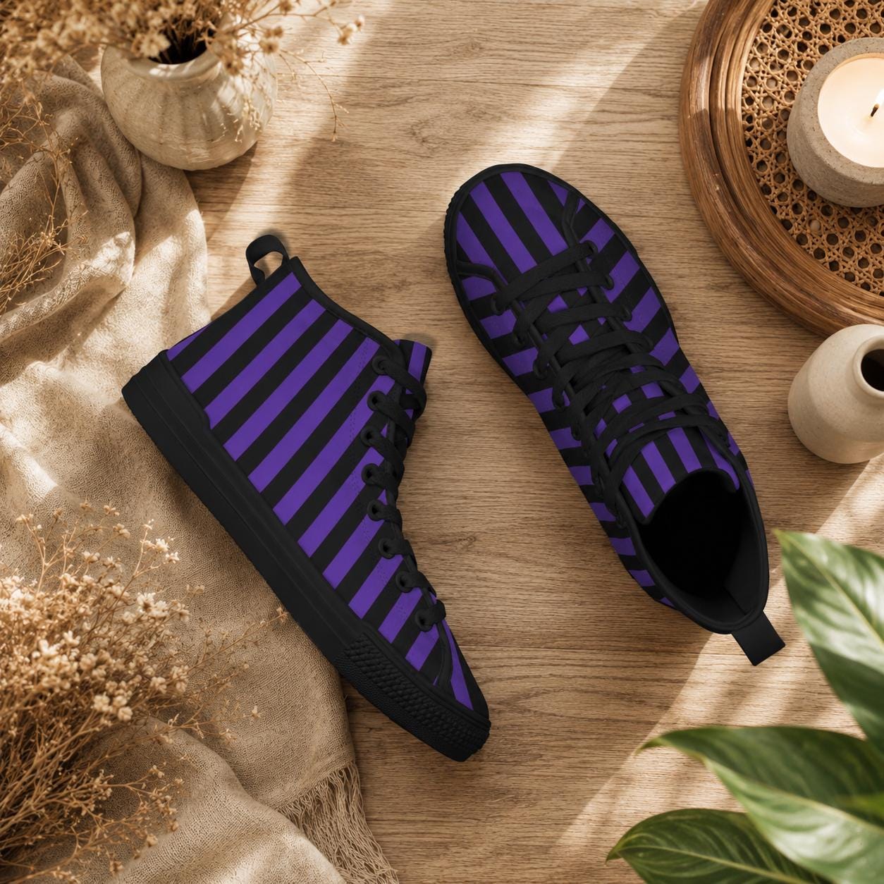 Purple Black Stripe High Top Canvas Sneakers, Gothic Halloween Costume Shoes
