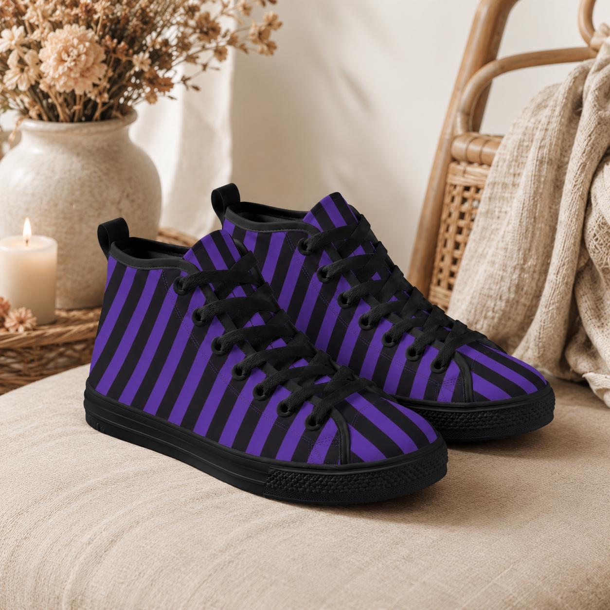 Purple Black Stripe High Top Canvas Sneakers, Gothic Halloween Costume Shoes