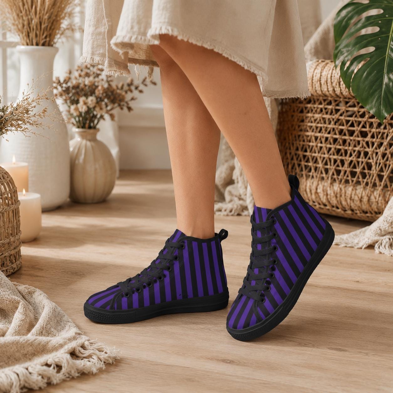 Purple Black Stripe High Top Canvas Sneakers, Gothic Halloween Costume Shoes