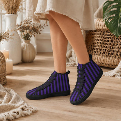 Purple Black Stripe High Top Canvas Sneakers, Gothic Halloween Costume Shoes