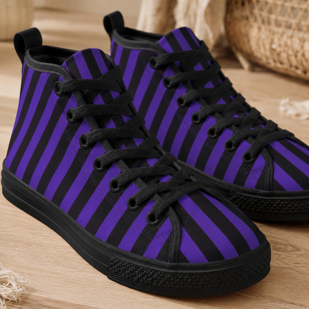 Purple Black Stripe High Top Canvas Sneakers, Gothic Halloween Costume Shoes