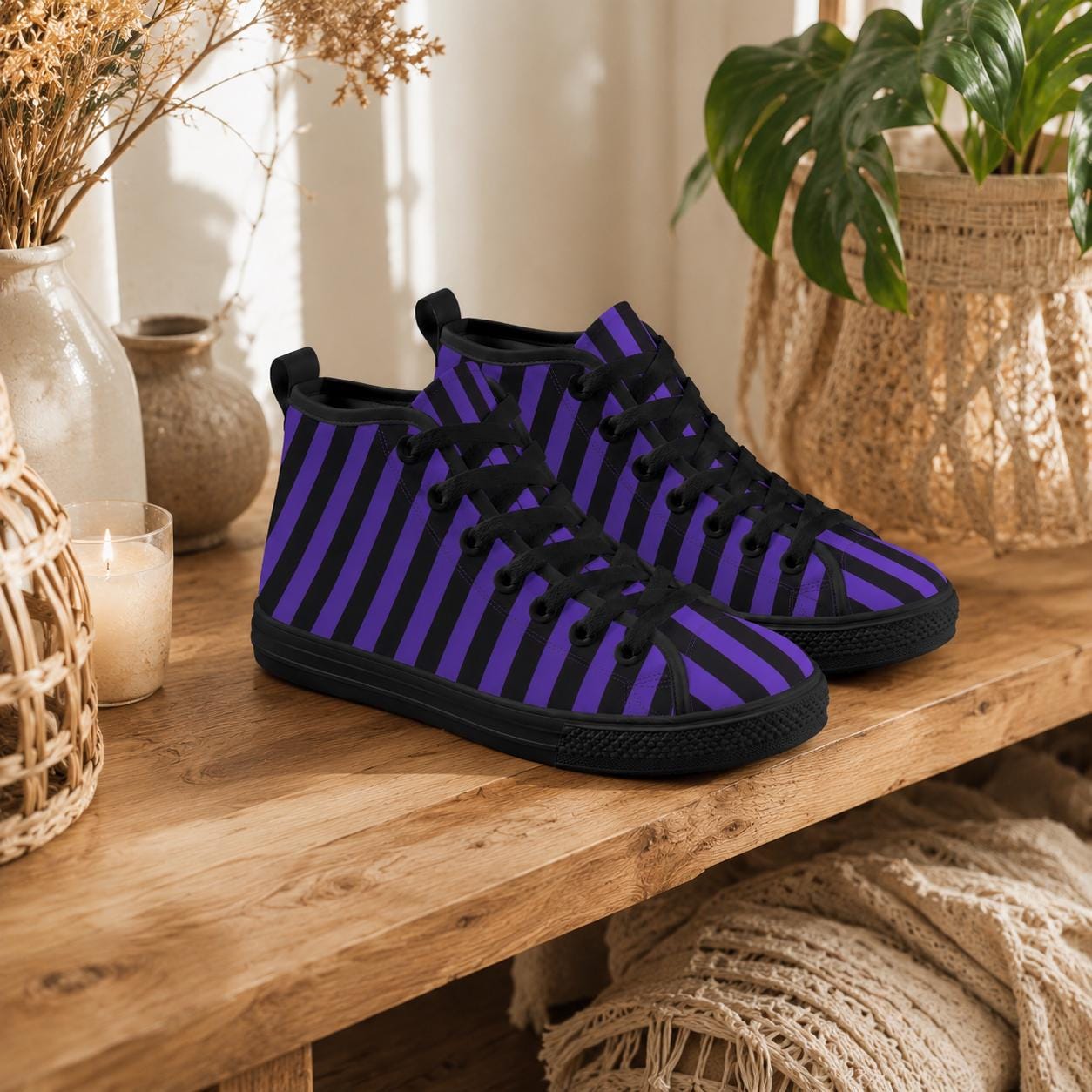 Purple Black Stripe High Top Canvas Sneakers, Gothic Halloween Costume Shoes