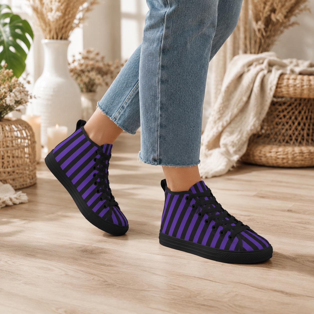 Purple Black Stripe High Top Canvas Sneakers, Gothic Halloween Costume Shoes