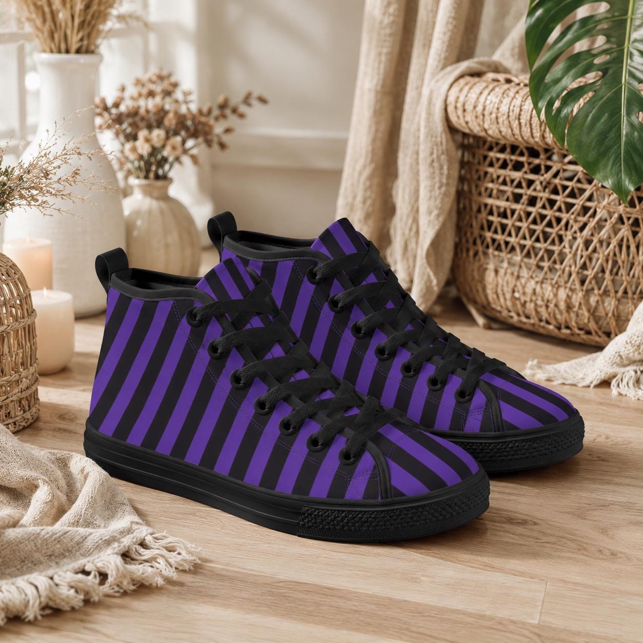 Purple Black Stripe High Top Canvas Sneakers, Gothic Halloween Costume Shoes