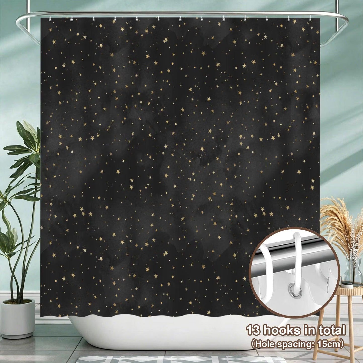 Celestial Bath Mat Set, Black Gold Star Toilet Cover Rug, Cosmic Bathroom Decor
