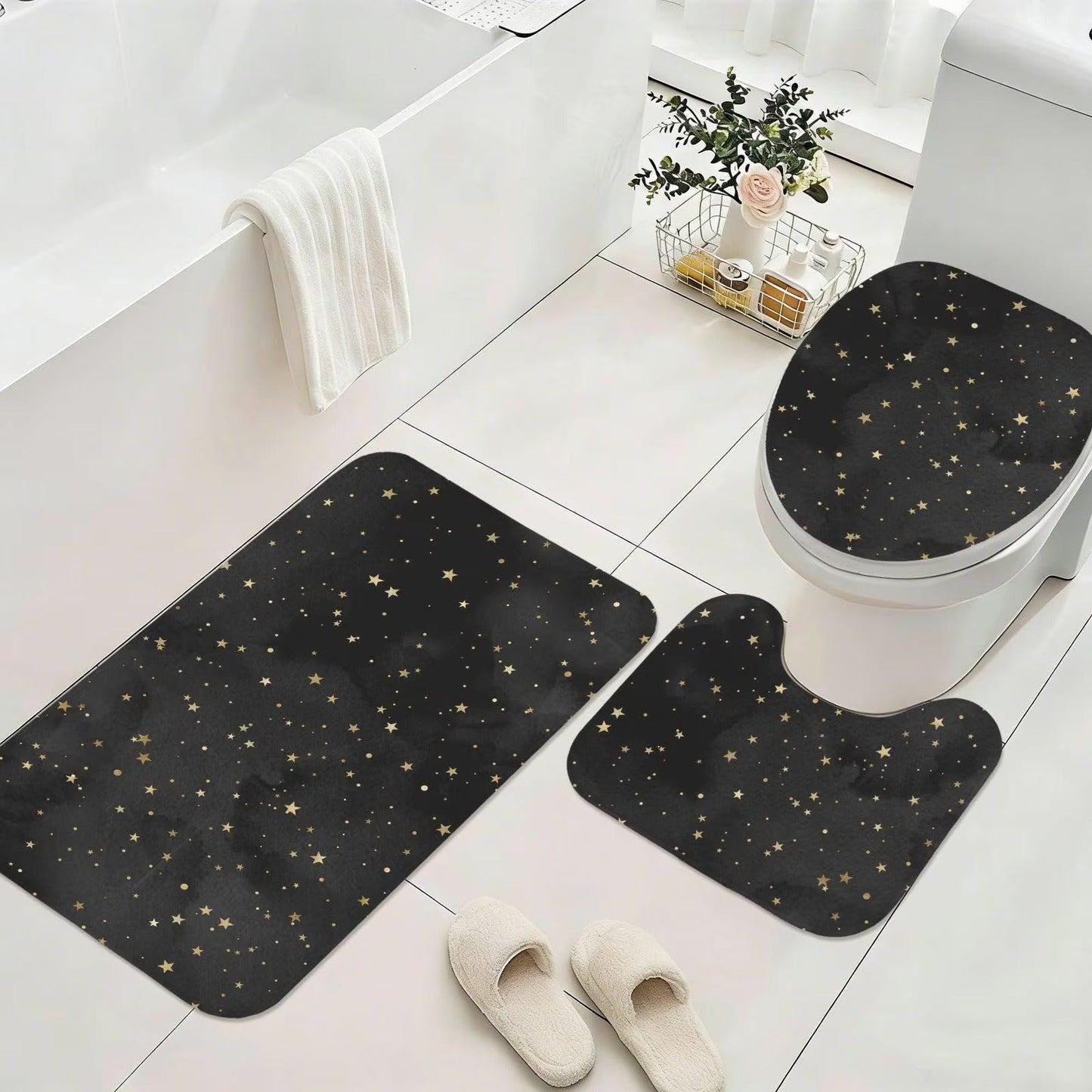 Black Gold Star Shower Curtain, Celestial Bathroom Decor, Moody Glam Bath Curtain