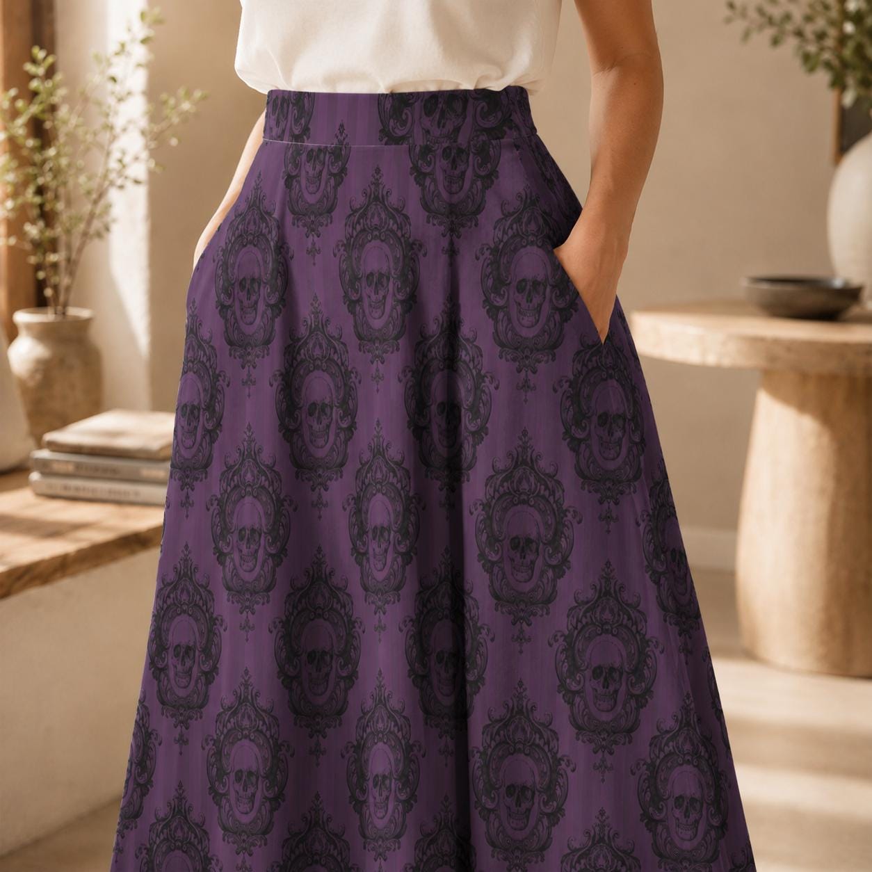 Whimsigoth Midi Skirt, Purple Ornamental Damask Print, High Waist A-Line, Pockets