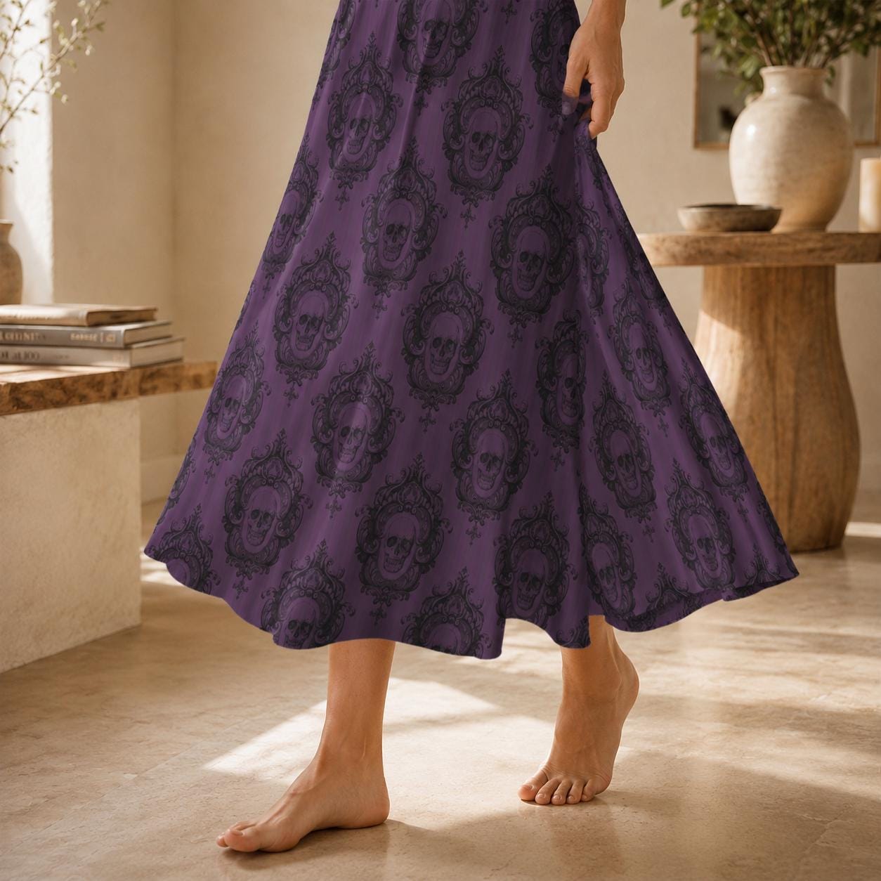 Whimsigoth Midi Skirt, Purple Ornamental Damask Print, High Waist A-Line, Pockets