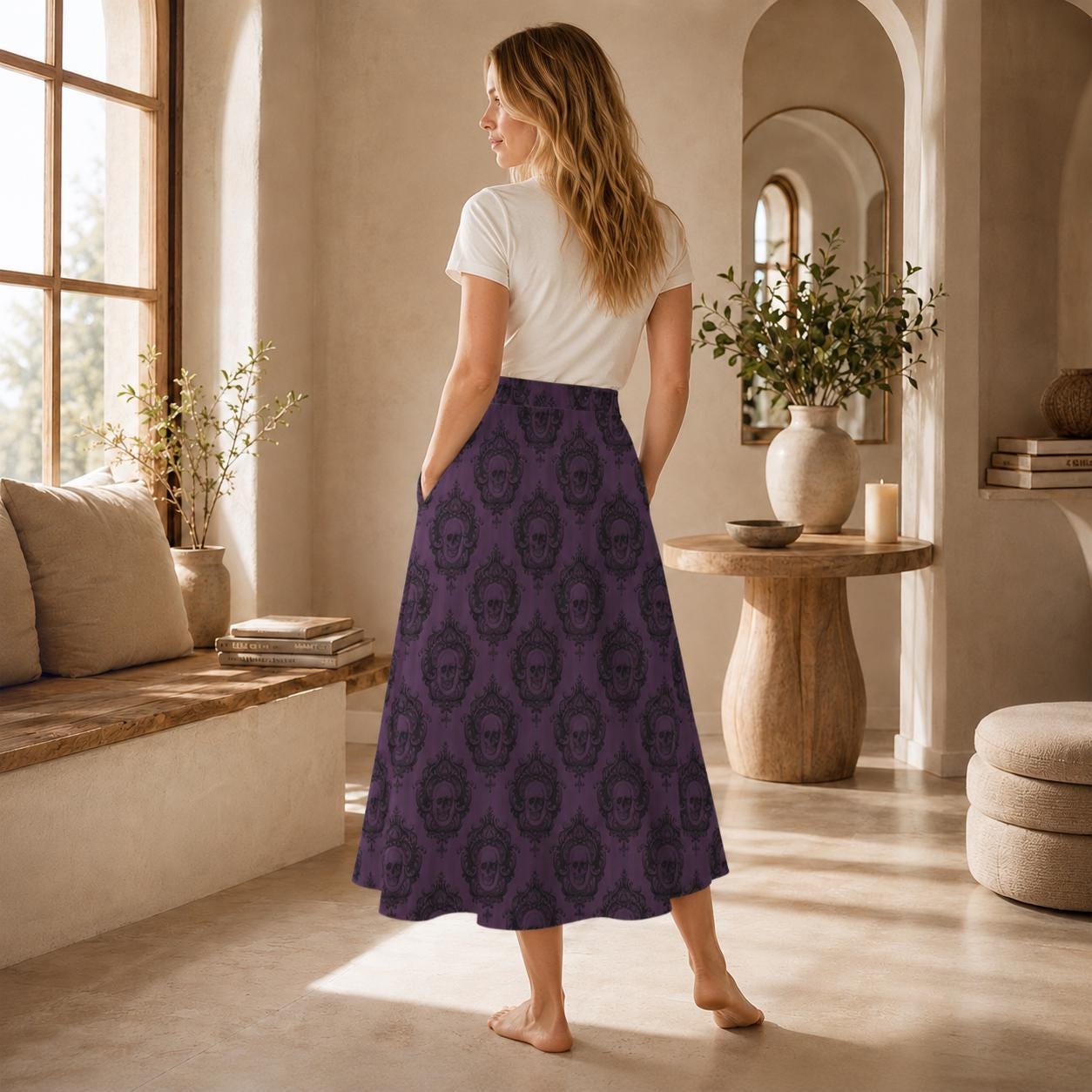 Whimsigoth Midi Skirt, Purple Ornamental Damask Print, High Waist A-Line, Pockets
