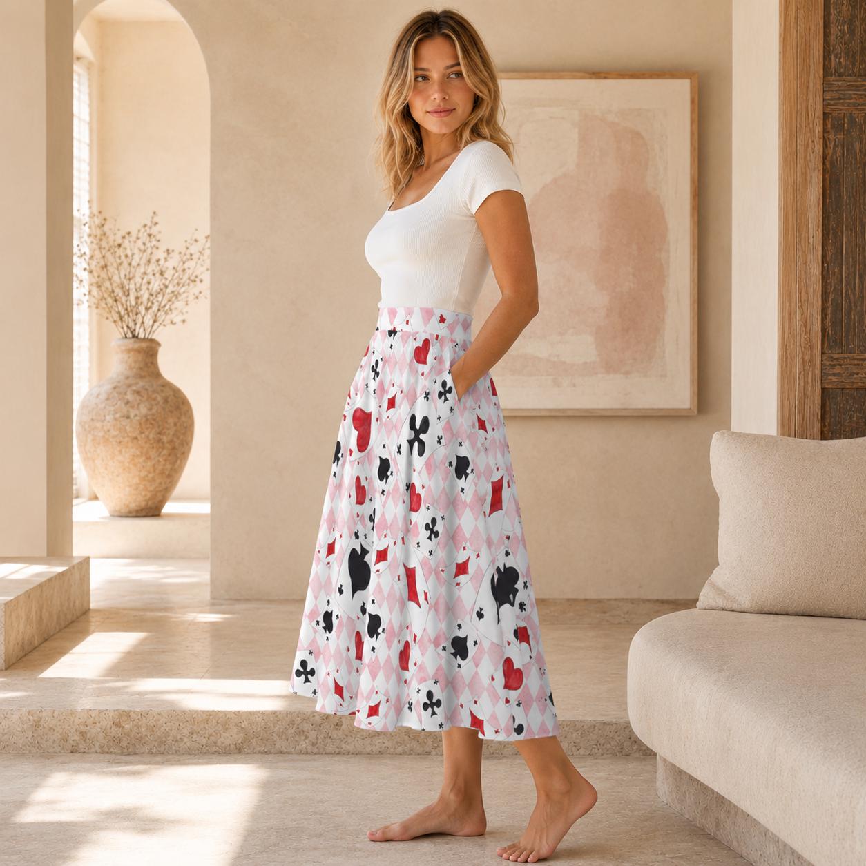 Alice In Wonderland Midi Skirt, Pink Harlequin Playing Card Print, High Waist Pockets