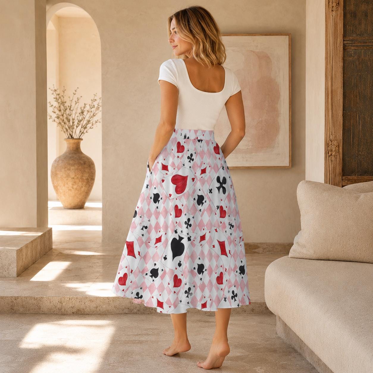Alice In Wonderland Midi Skirt, Pink Harlequin Playing Card Print, High Waist Pockets