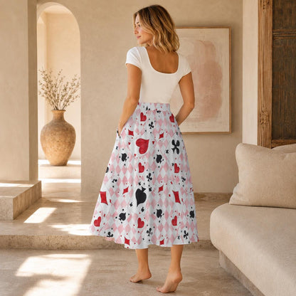 Alice In Wonderland Midi Skirt, Pink Harlequin Playing Card Print, High Waist Pockets