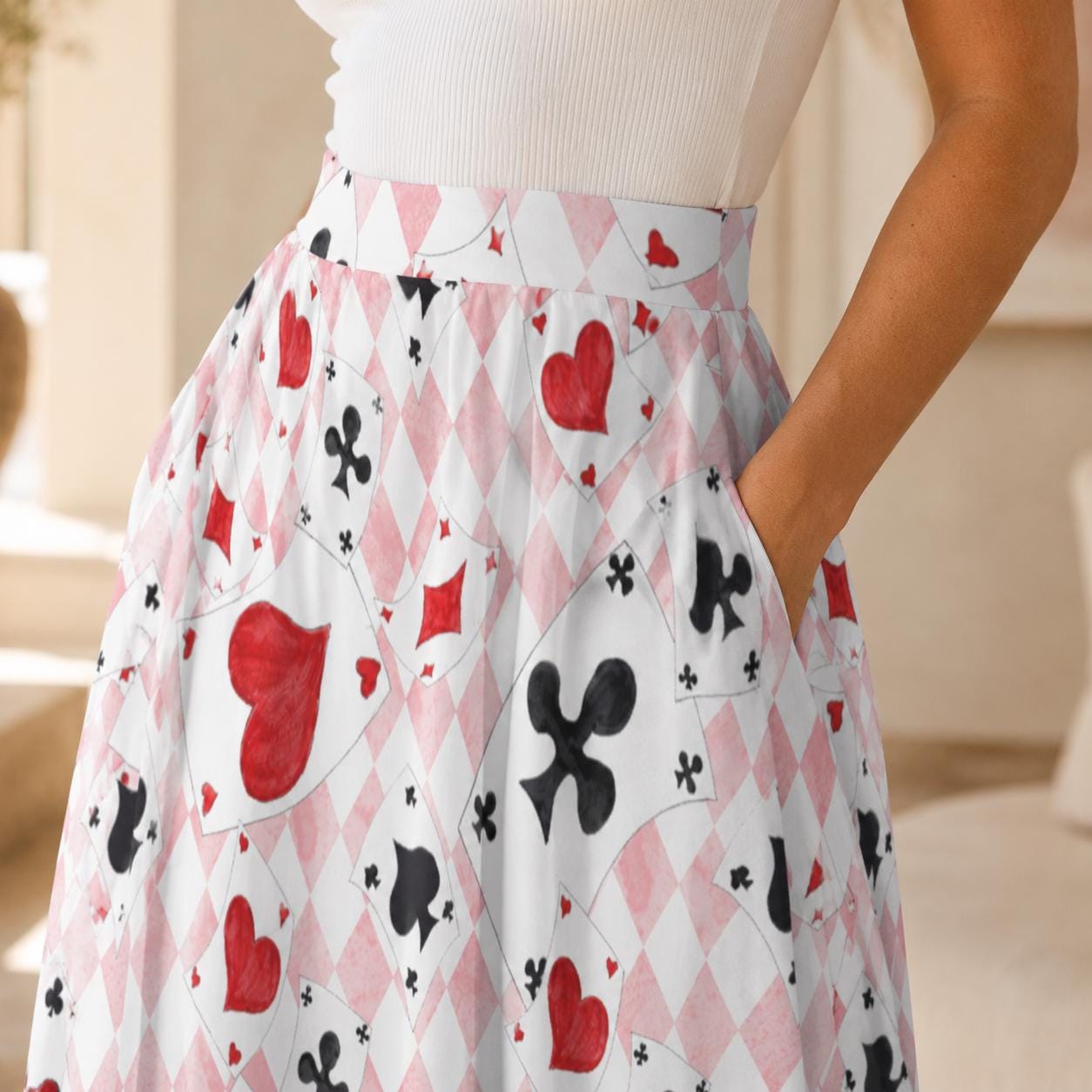 Alice In Wonderland Midi Skirt, Pink Harlequin Playing Card Print, High Waist Pockets