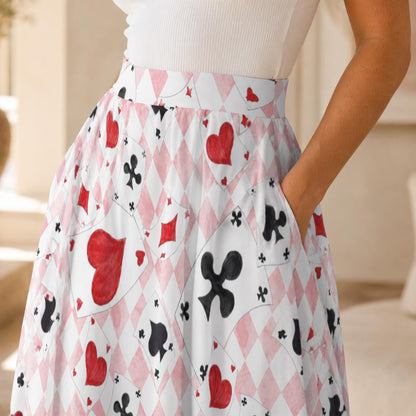 Alice In Wonderland Midi Skirt, Pink Harlequin Playing Card Print, High Waist Pockets