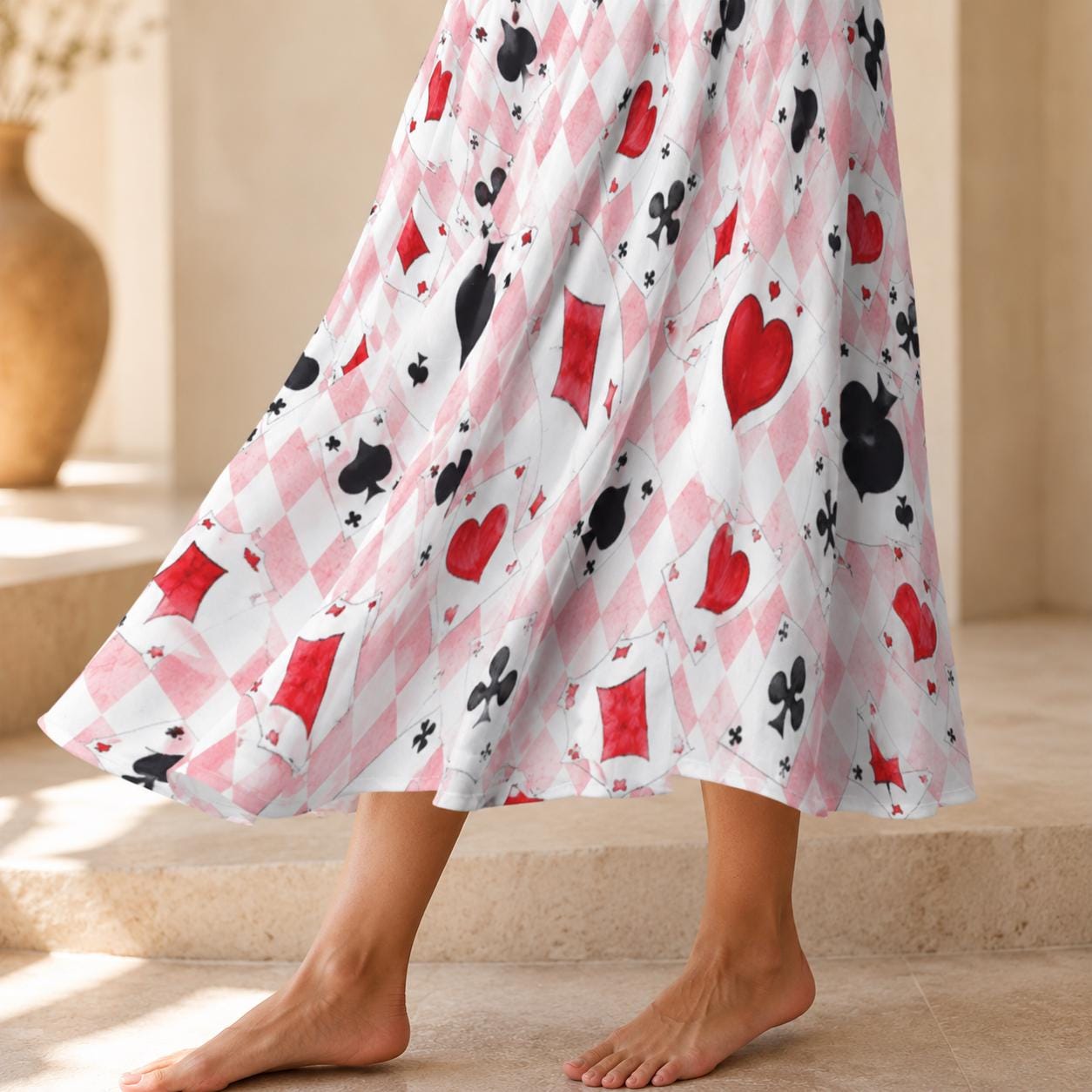 Alice In Wonderland Midi Skirt, Pink Harlequin Playing Card Print, High Waist Pockets
