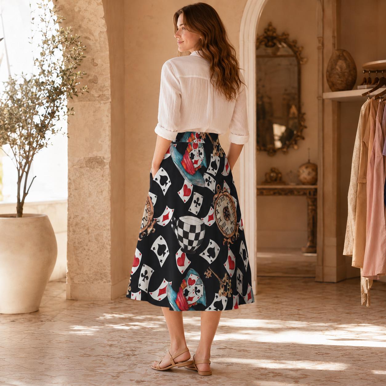 Alice in Wonderland Midi Skirt, Playing Card Tea Party Pockets, Whimsical Costume Style