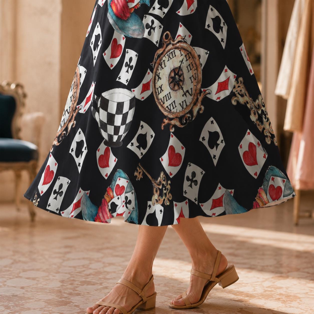 Alice in Wonderland Midi Skirt, Playing Card Tea Party Pockets, Whimsical Costume Style