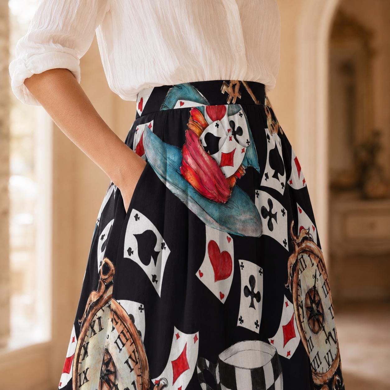 Alice in Wonderland Midi Skirt, Playing Card Tea Party Pockets, Whimsical Costume Style