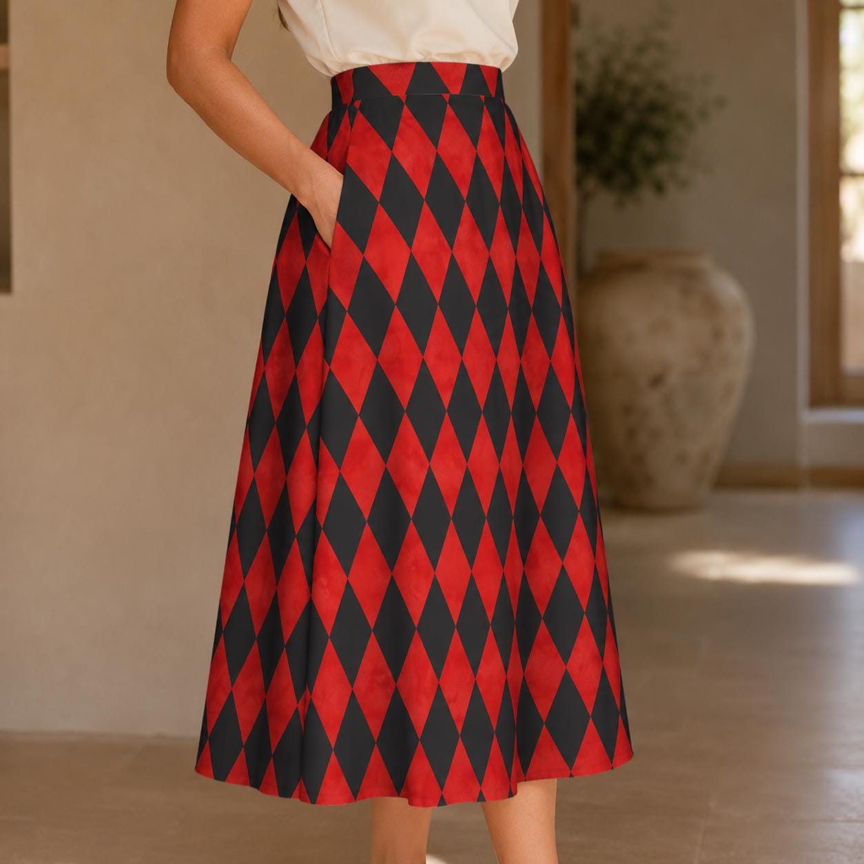 Harlequin Midi Skirt, Red Black Diamond Print, High Waist A Line, Pockets, Circus Style