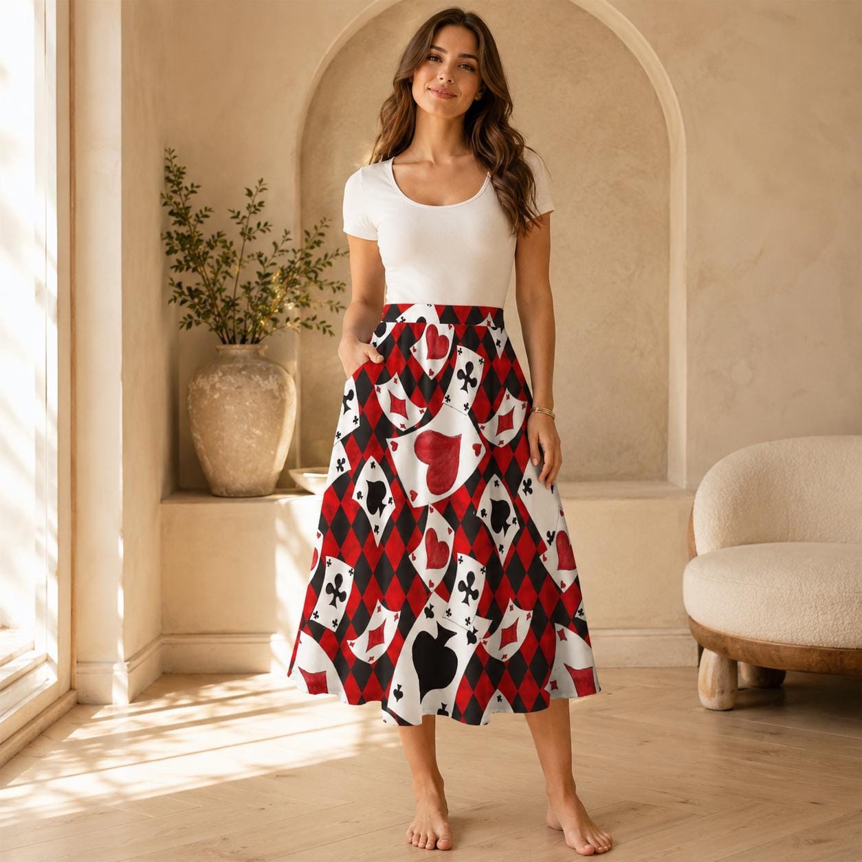 Alice in Wonderland Playing Card Midi Skirt, Queen of Hearts Costume, Pockets