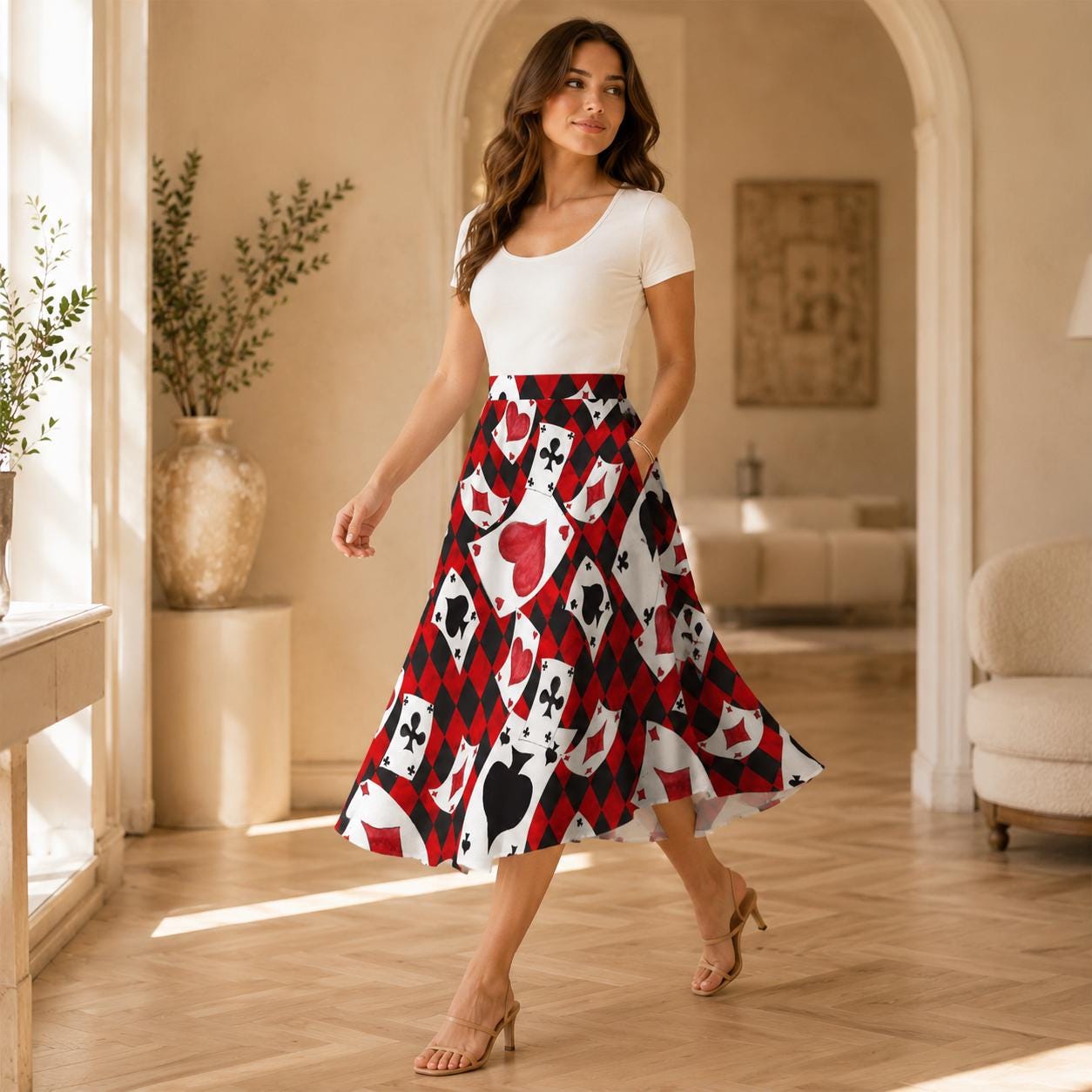 Alice in Wonderland Playing Card Midi Skirt, Queen of Hearts Costume, Pockets