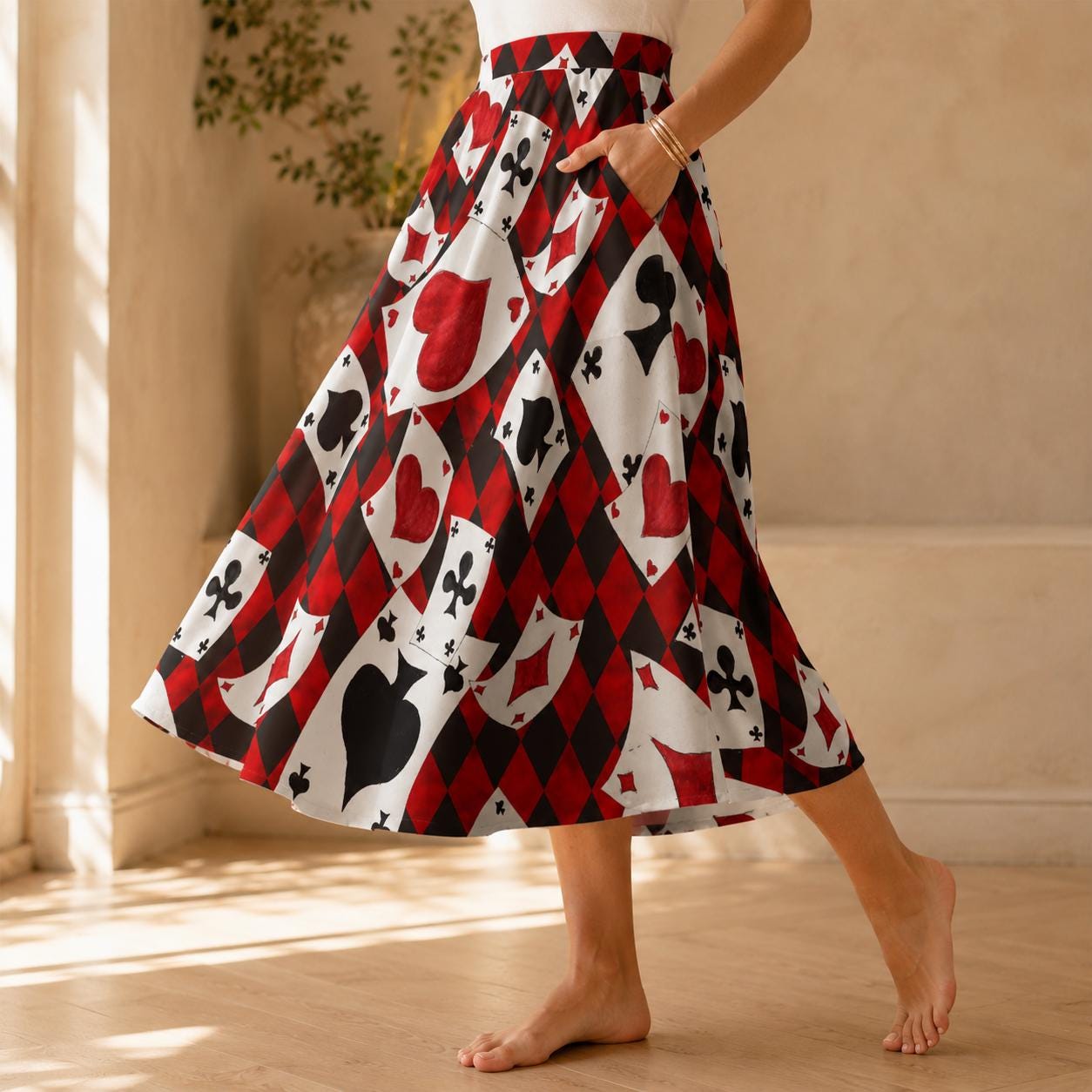 Alice in Wonderland Playing Card Midi Skirt, Queen of Hearts Costume, Pockets