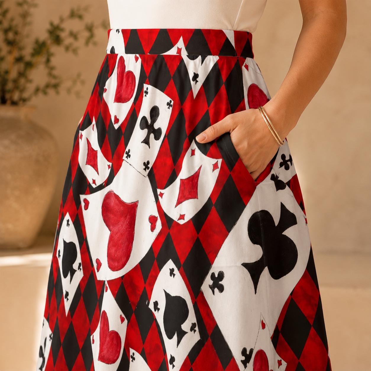Alice in Wonderland Playing Card Midi Skirt, Queen of Hearts Costume, Pockets