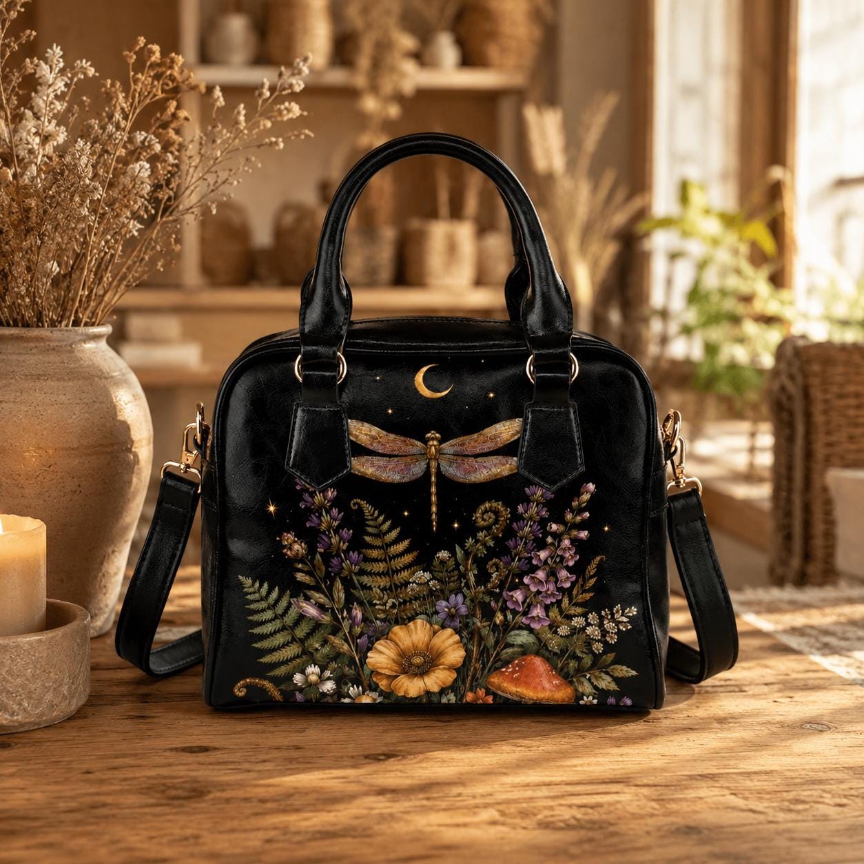 Dragonfly Moon Faux Leather Handbag, Dark Botanical Print Shoulder Bag
