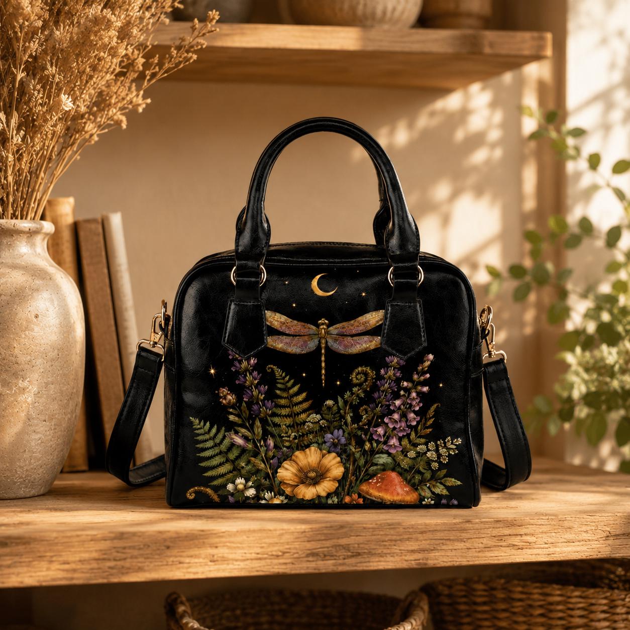 Dragonfly Moon Faux Leather Handbag, Dark Botanical Print Shoulder Bag