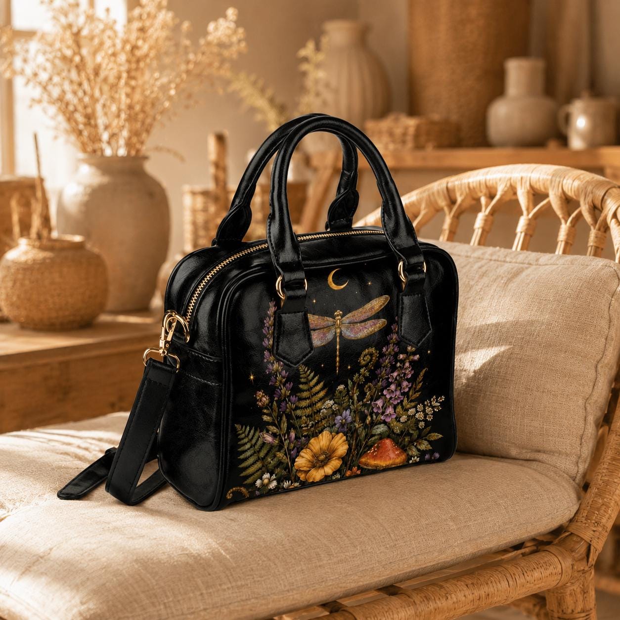 Dragonfly Moon Faux Leather Handbag, Dark Botanical Print Shoulder Bag
