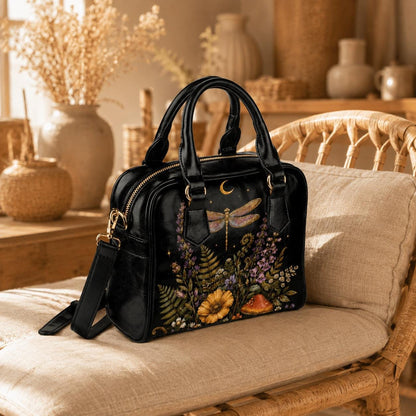 Dragonfly Moon Faux Leather Handbag, Dark Botanical Print Shoulder Bag
