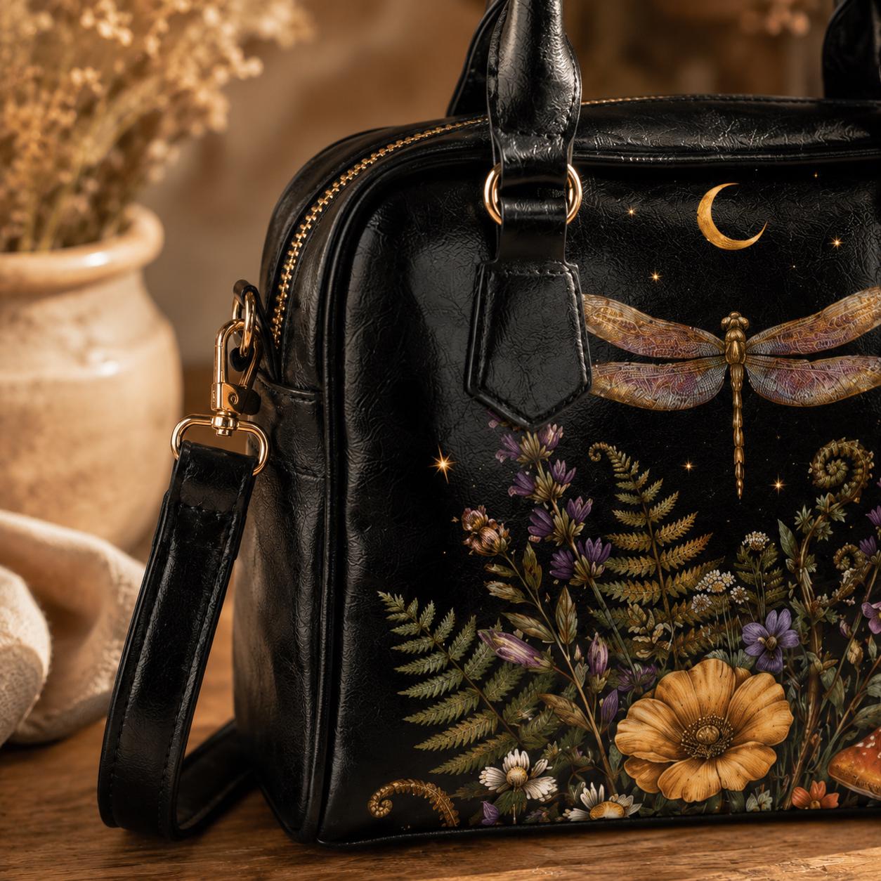 Dragonfly Moon Faux Leather Handbag, Dark Botanical Print Shoulder Bag