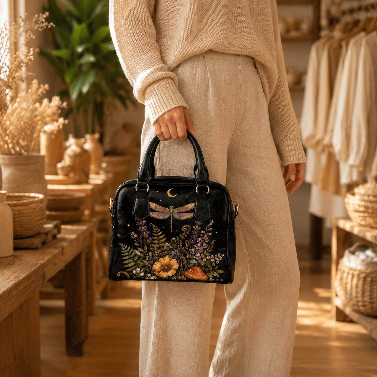 Dragonfly Moon Faux Leather Handbag, Dark Botanical Print Shoulder Bag