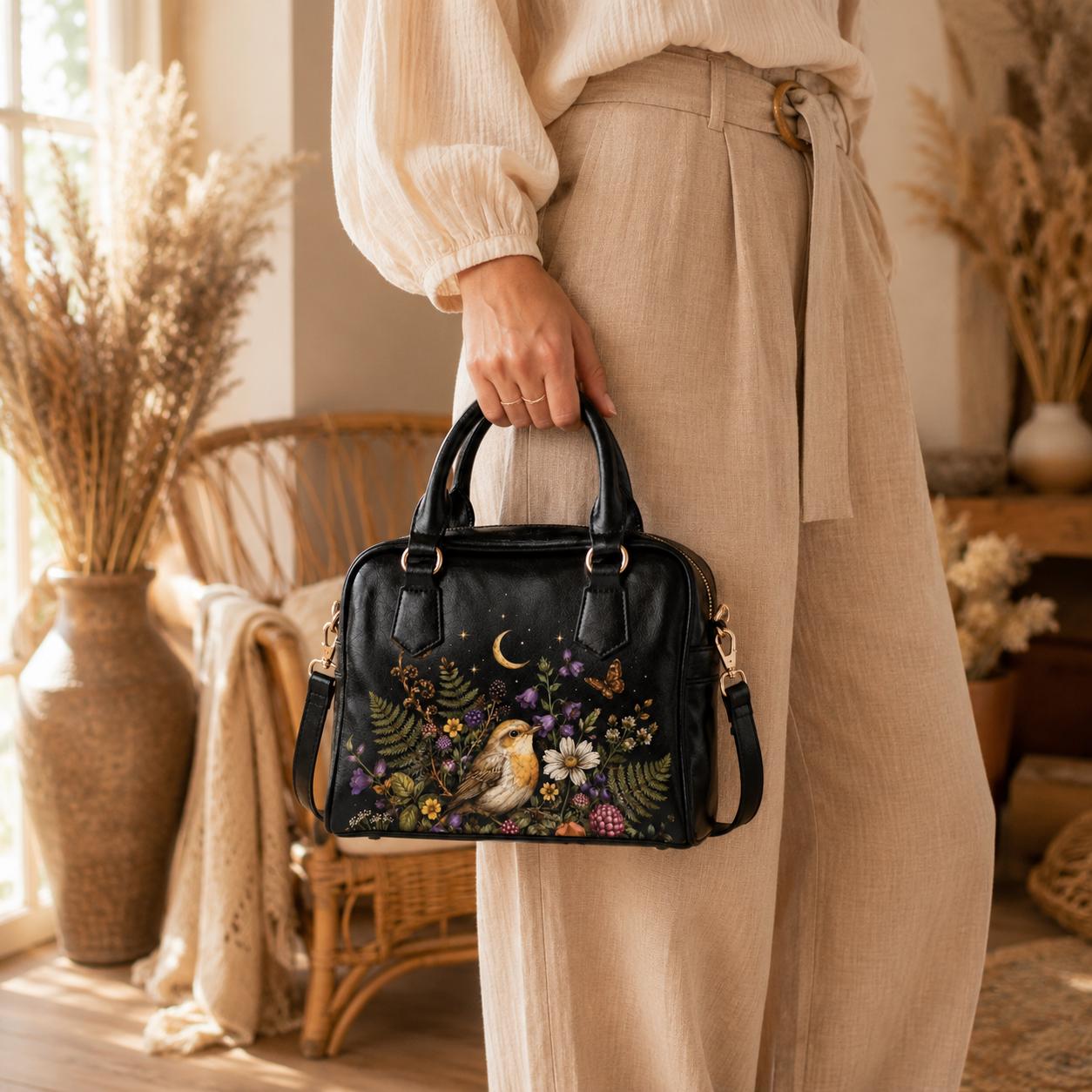 Bird Floral Handbag, Robin Moon Stars Dark Cottagecore Shoulder Bag