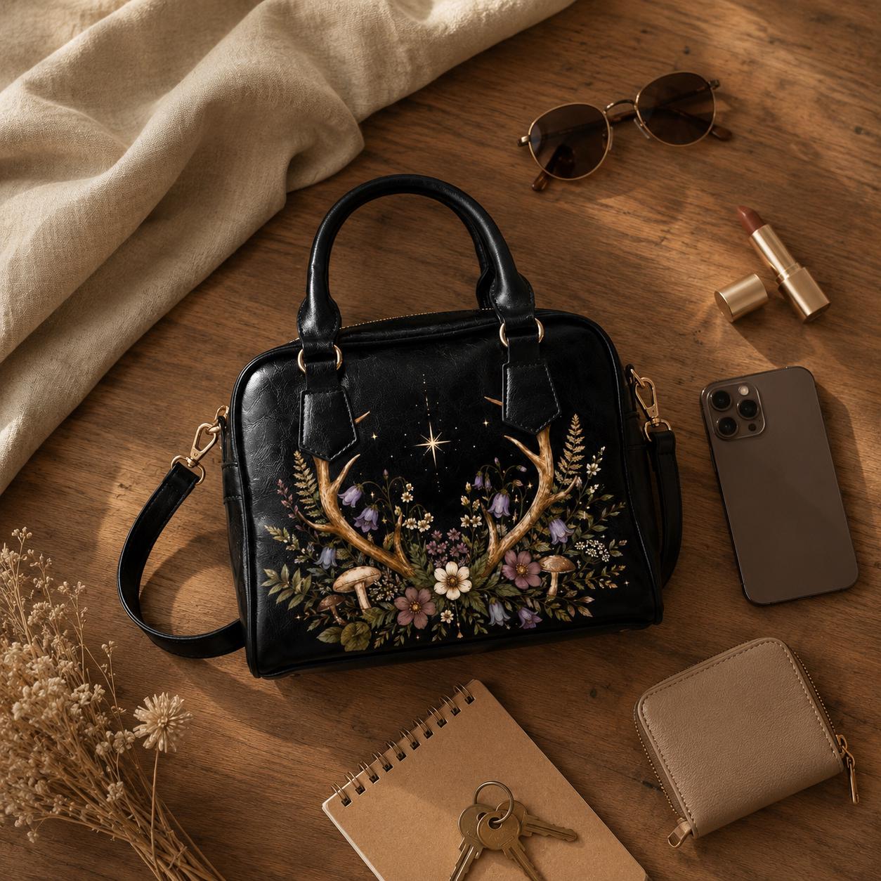 Antler Wildflower Satchel Bag, Forest Witch Mushroom Fern Celestial Print Purse