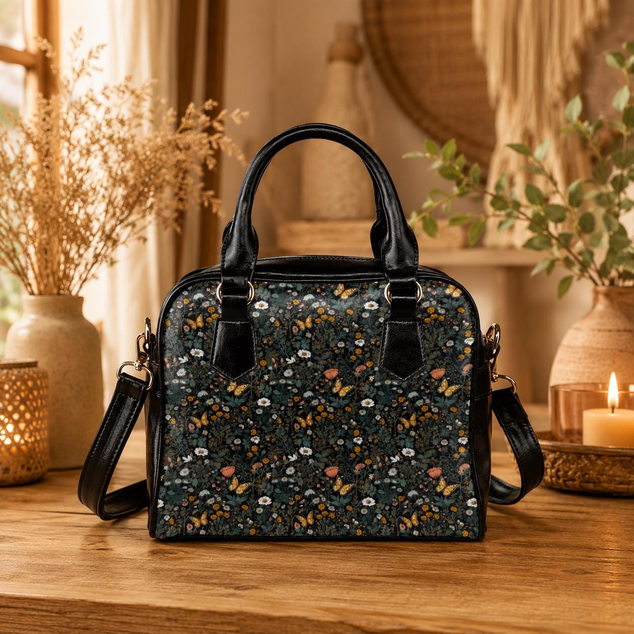Dark Floral Butterfly Daisy Satchel Purse, Moody Cottagecore Crossbody Handbag