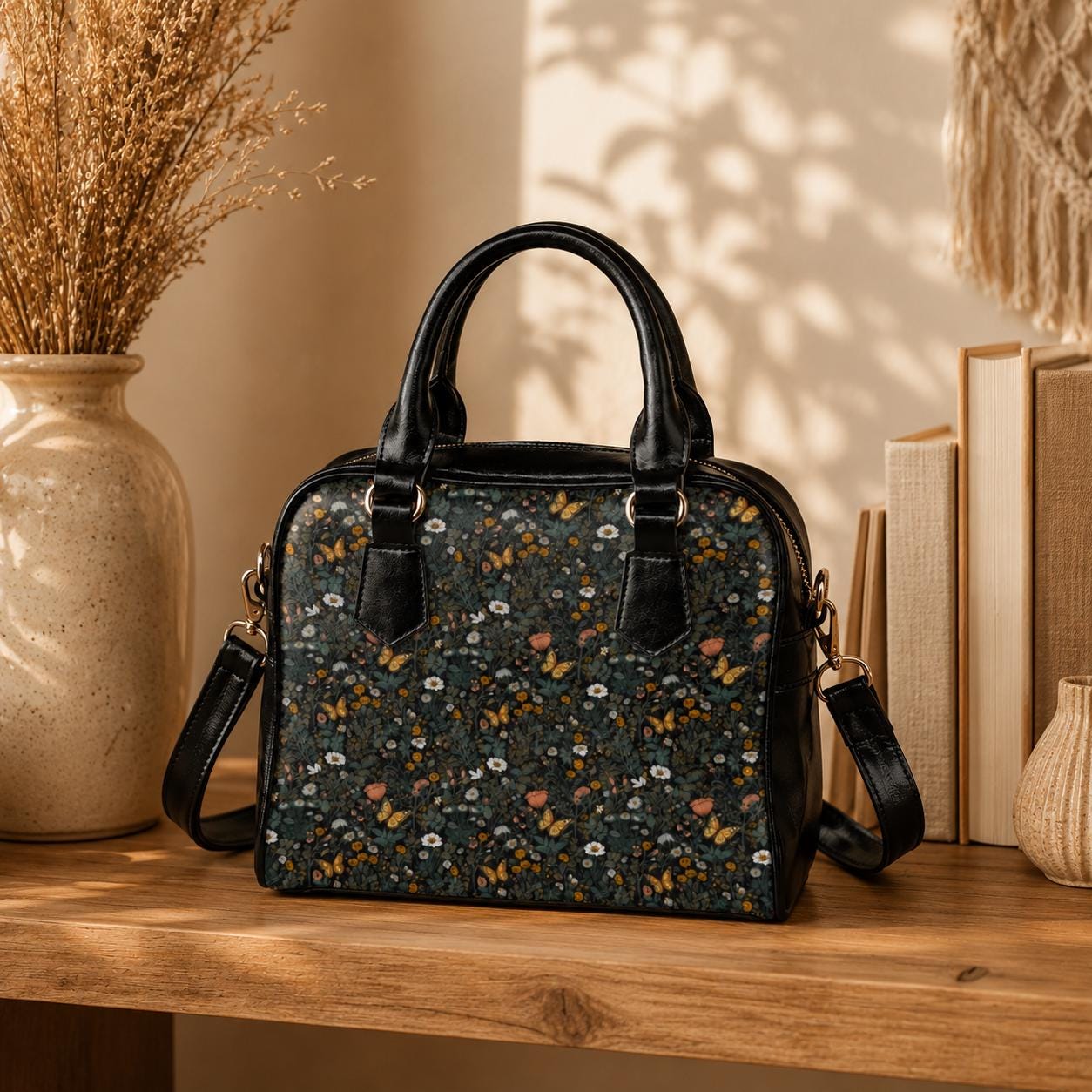 Dark Floral Butterfly Daisy Satchel Purse, Moody Cottagecore Crossbody Handbag