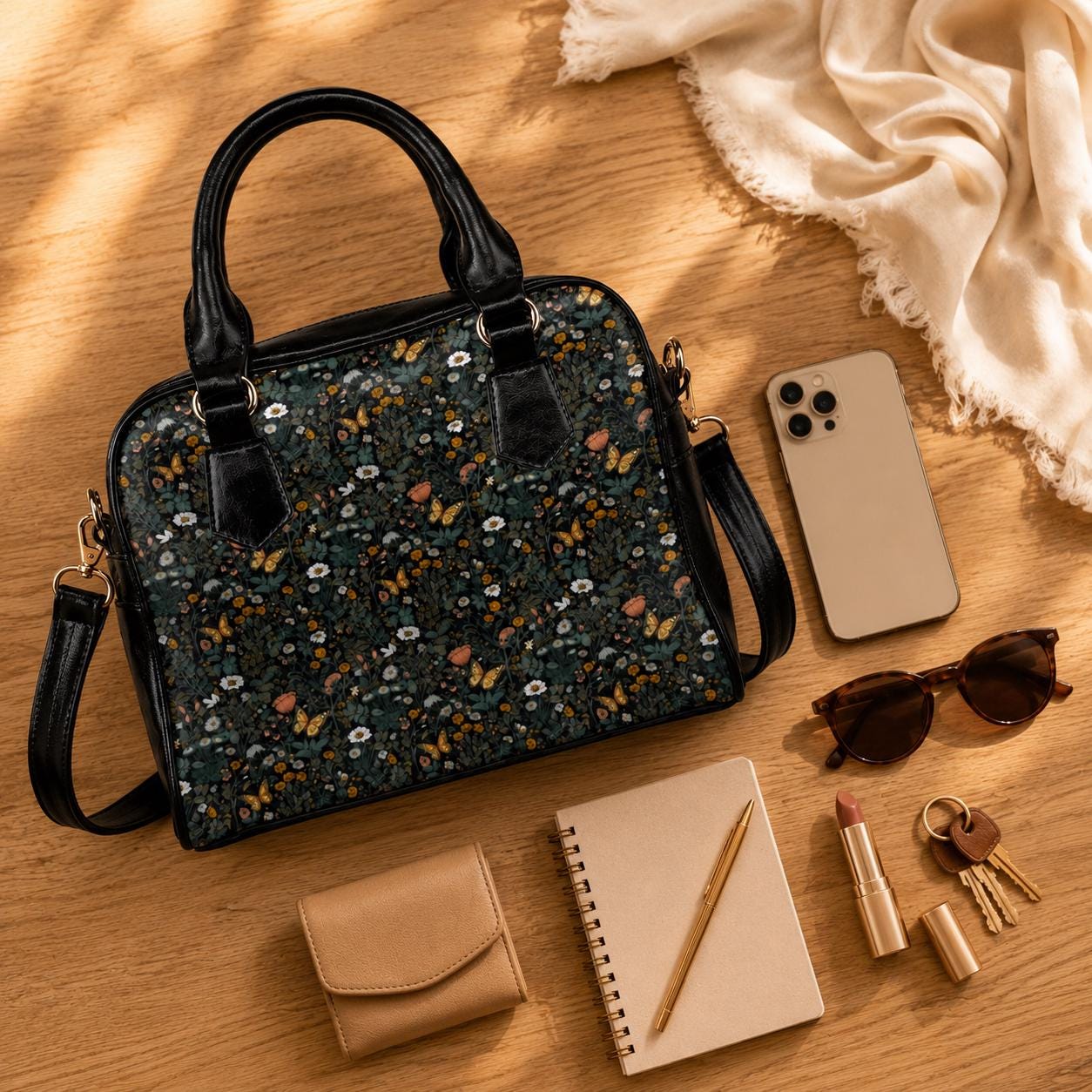 Dark Floral Butterfly Daisy Satchel Purse, Moody Cottagecore Crossbody Handbag