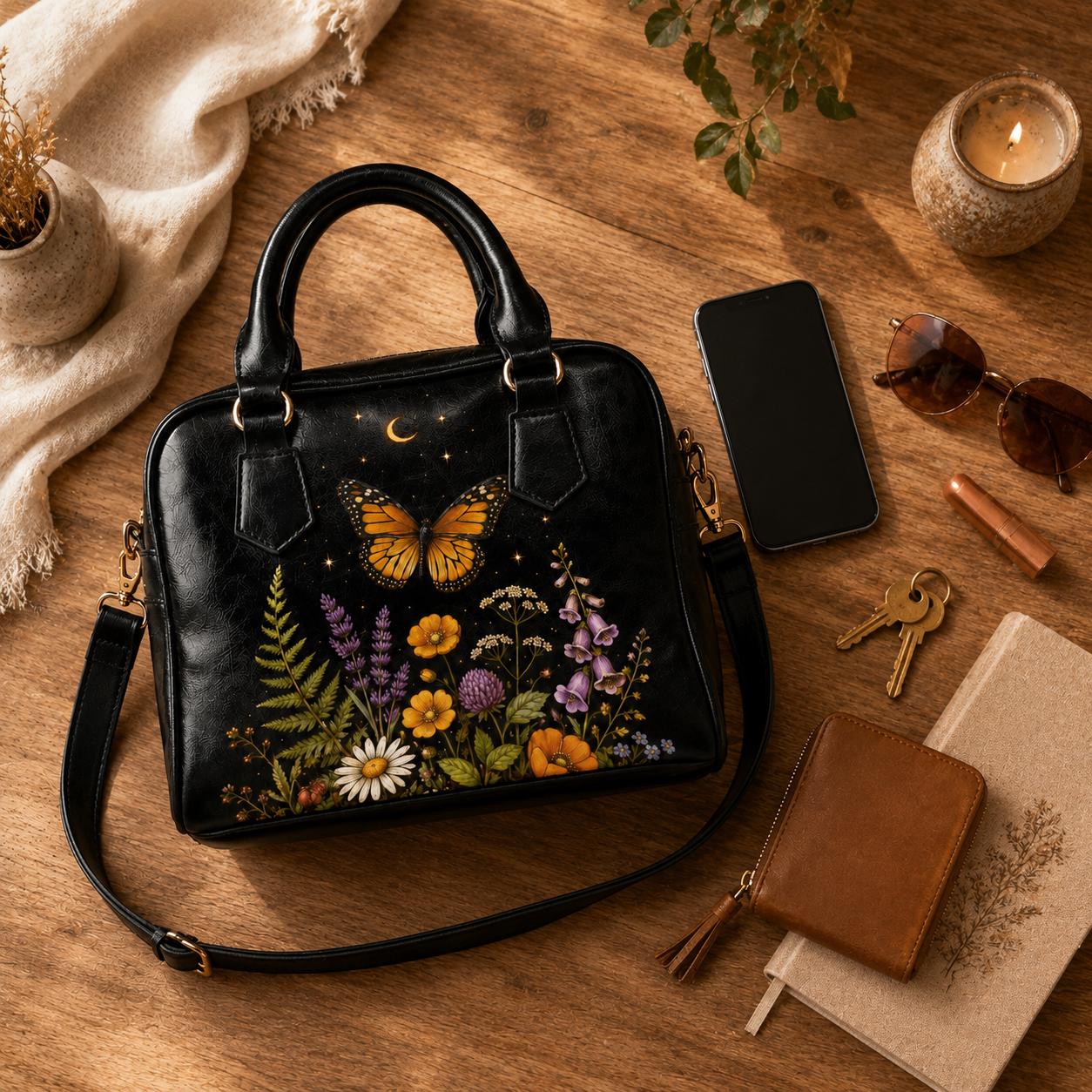 Butterfly Purse Black, Monarch Wildflower Handbag with Moon and Stars, Dark Floral Crossbody Bag