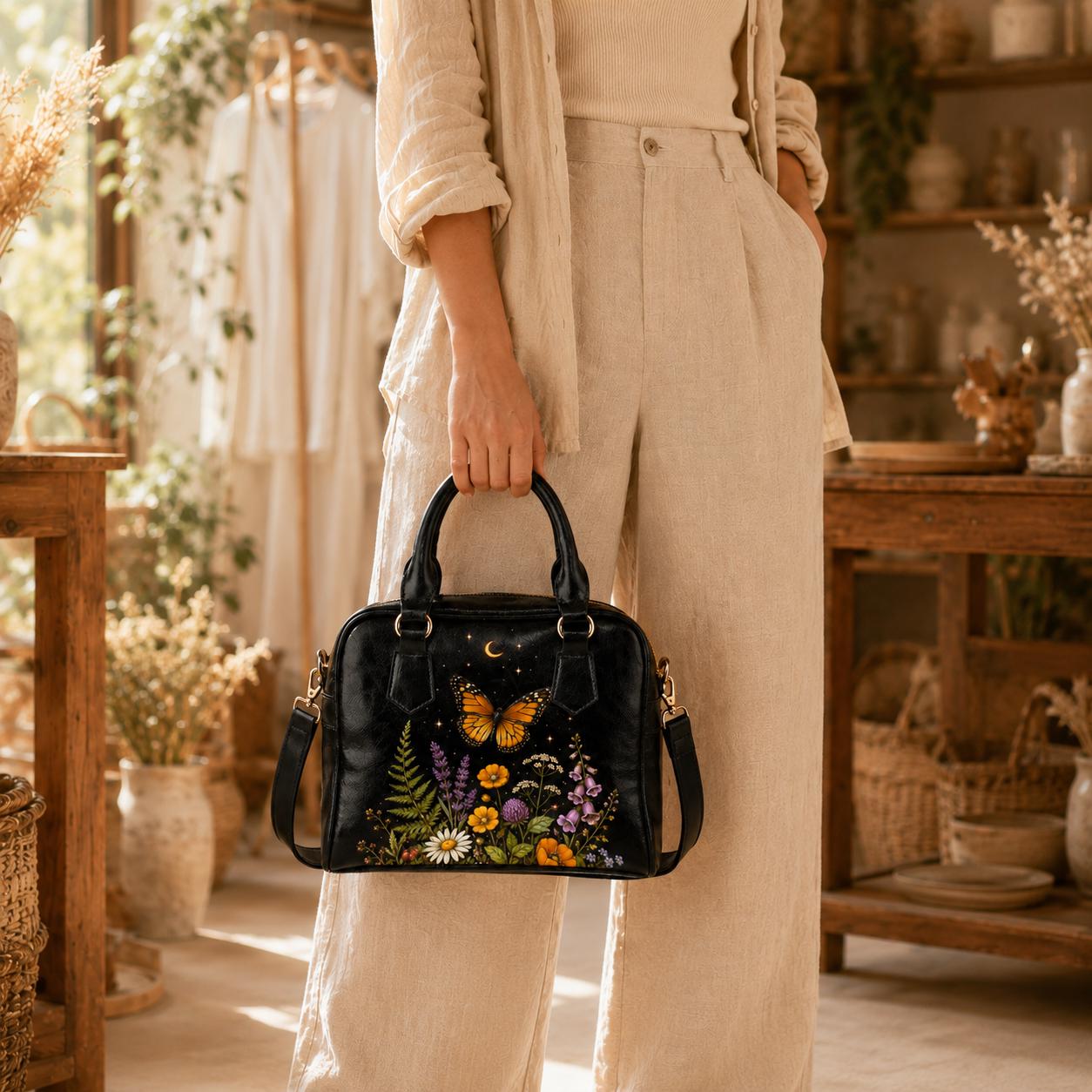 Butterfly Purse Black, Monarch Wildflower Handbag with Moon and Stars, Dark Floral Crossbody Bag