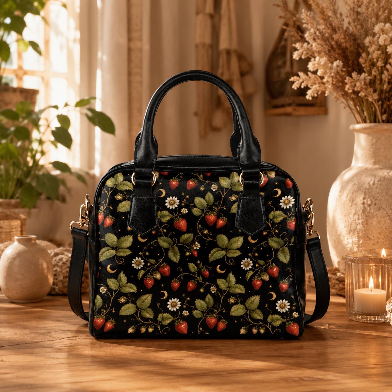 Strawberry Daisy Vine Satchel Handbag, Cottagecore Black Crossbody Bag