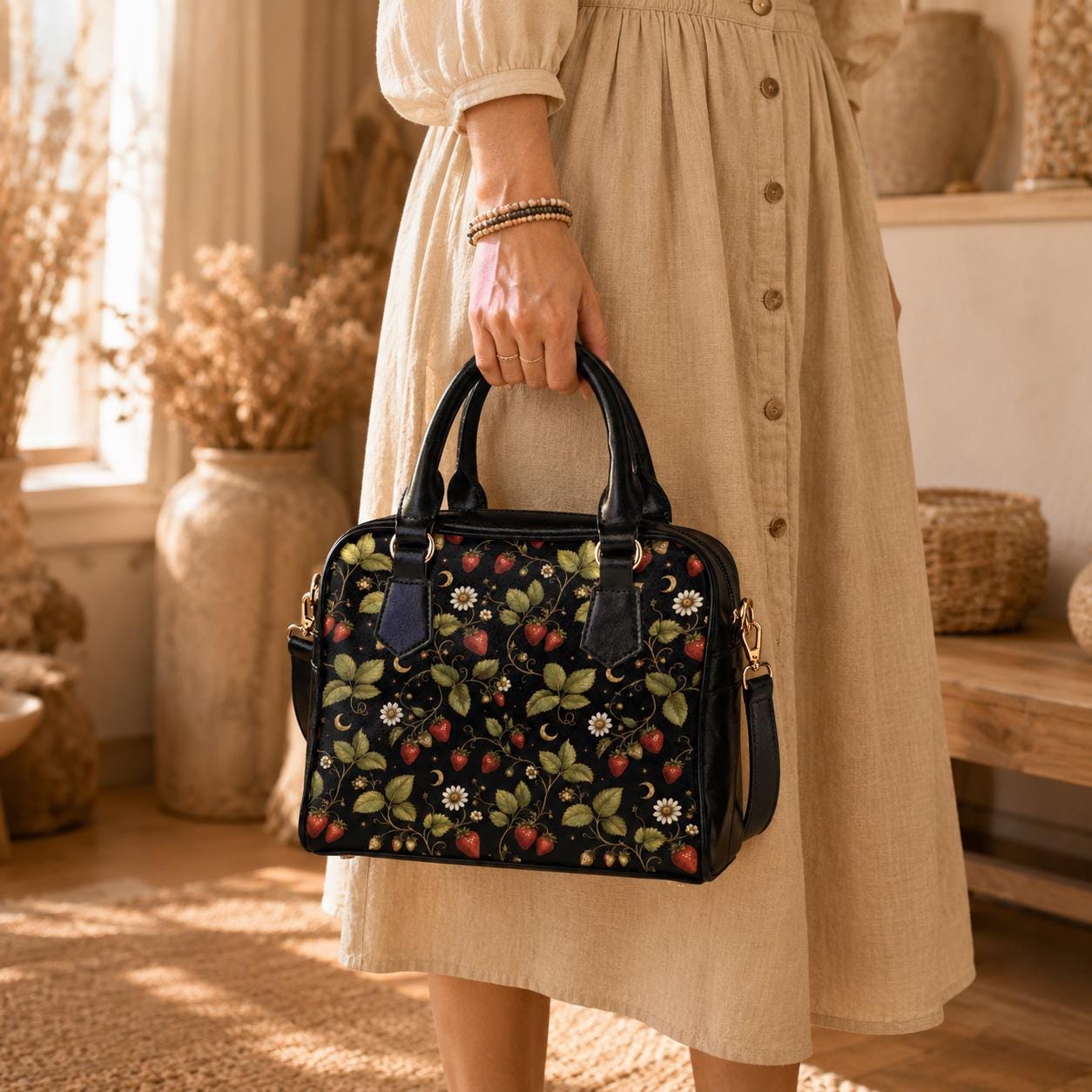 Strawberry Daisy Vine Satchel Handbag, Cottagecore Black Crossbody Bag