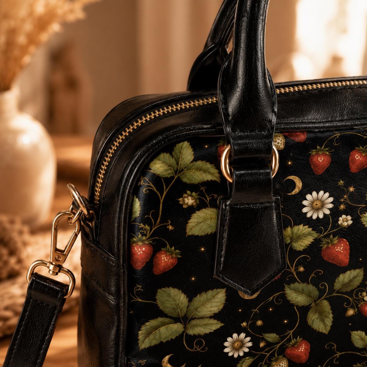 Strawberry Daisy Vine Satchel Handbag, Cottagecore Black Crossbody Bag