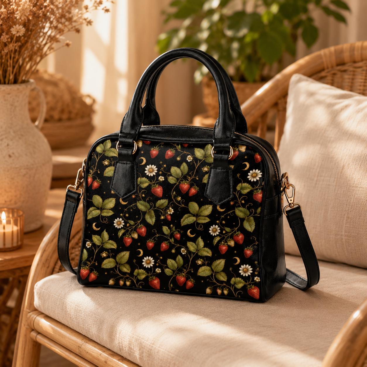 Strawberry Daisy Vine Satchel Handbag, Cottagecore Black Crossbody Bag