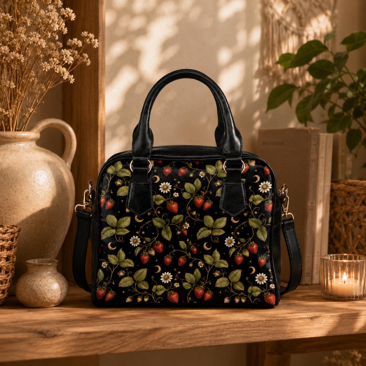 Strawberry Daisy Vine Satchel Handbag, Cottagecore Black Crossbody Bag